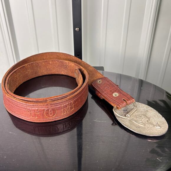 Vintage 70s 80s Silver Freemason Masonic "TOM" 42" Embossed Brown Leather Belt - Picture 3 of 4